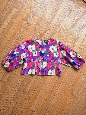 Monki Yoyo Cotton Seersucker Top Pink Floral Print Medium